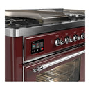 ILVE Majestic III 60-inch Dual Fuel Range with 7 Natural Gas Burner, Griddle, French Top and Triple Glass Door Electric Oven in Burgundy with Chrome Trim (UM60FSNR3BUC)