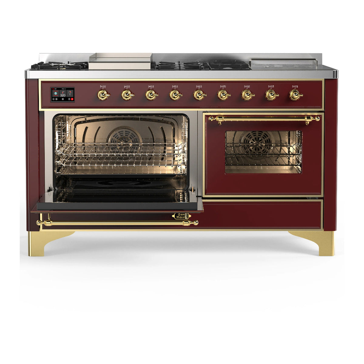 Burgundy dual fuel range with brass trim; one oven door open showing interior rack.