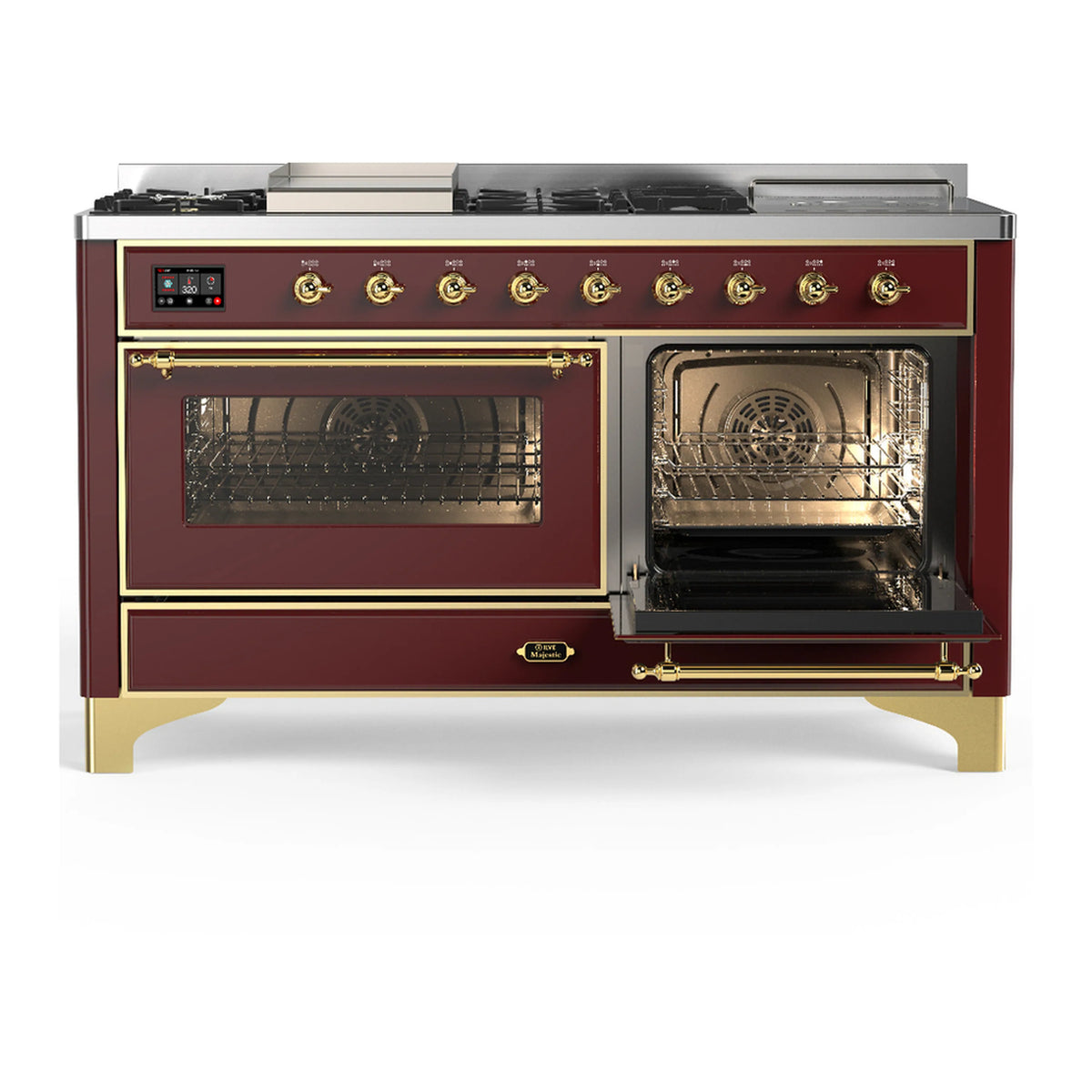Burgundy dual fuel range with brass trim; left oven door open and right door closed.