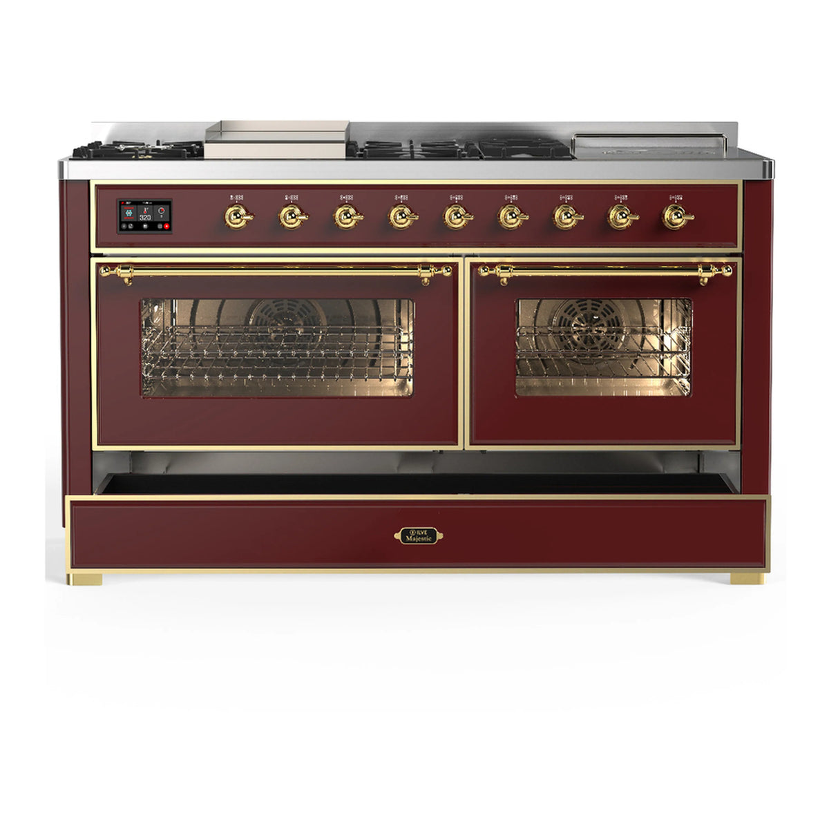 Burgundy dual fuel range with brass trim; both oven windows visible with broiler drawer.