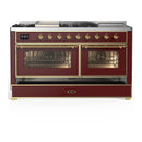 ILVE Majestic III 60-inch Dual Fuel Range with 5 Liquid Propane Burner, Griddle, French Top and Triple Glass Door Electric Oven in Burgundy with Brass Trim (UM60FSNR3BUGLP)