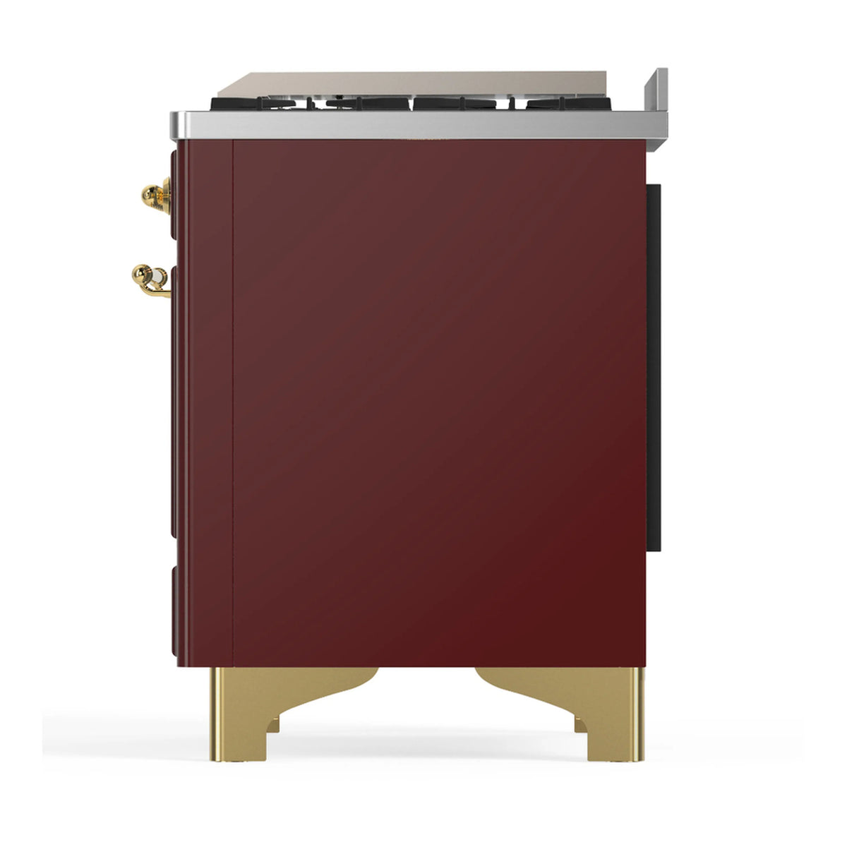 Rear side view of burgundy dual fuel range with brass feet and side hardware.