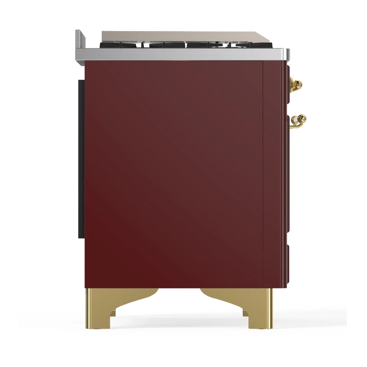 Burgundy side panel of dual fuel range with brass legs and rear control access