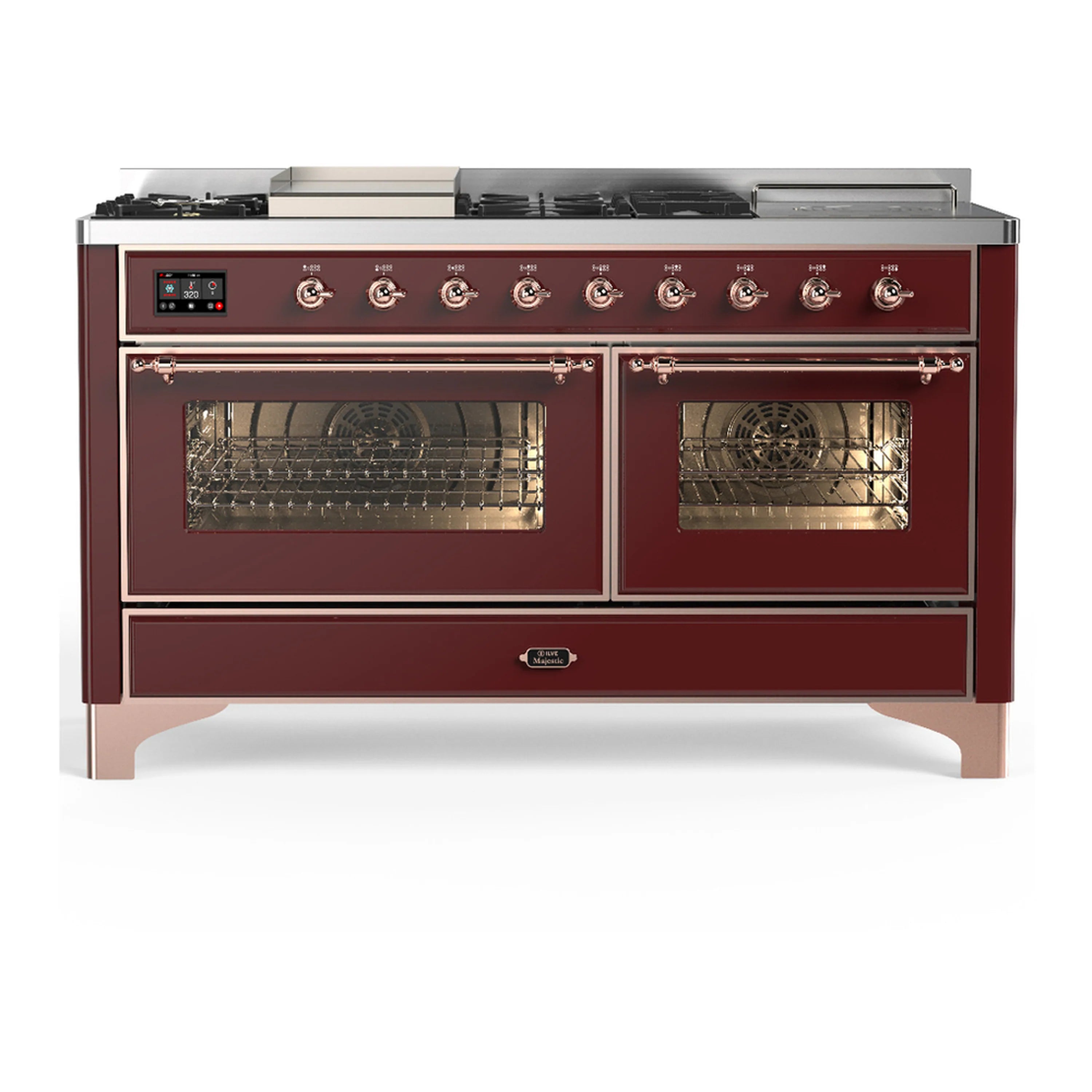 Burgundy dual fuel range with copper knobs and two closed oven doors, front view
