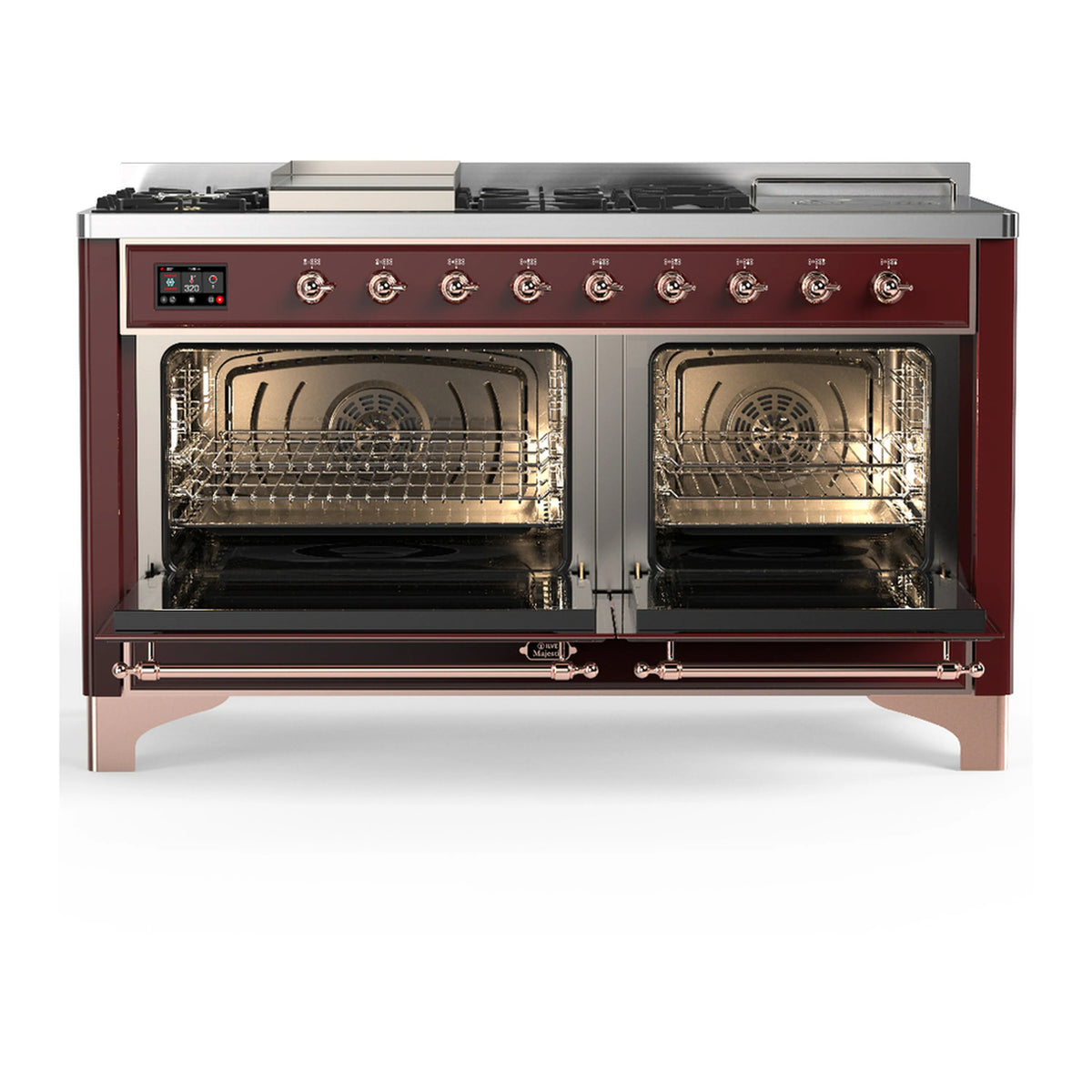 Burgundy dual fuel range with copper trim and two open ovens, burner controls on top