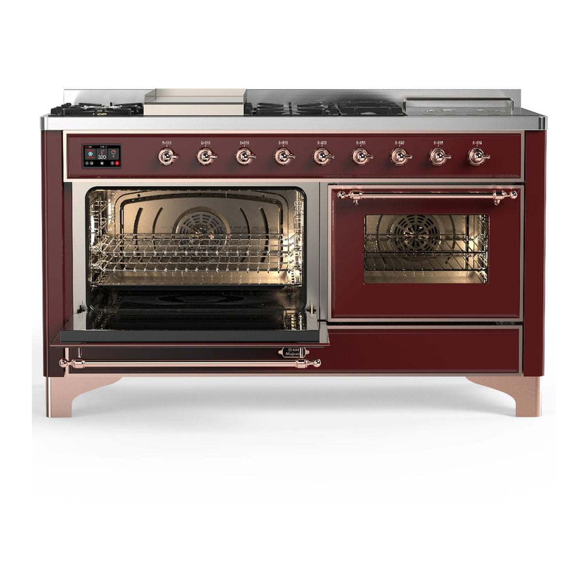 Burgundy dual fuel range with copper trim, left oven open and right oven closed