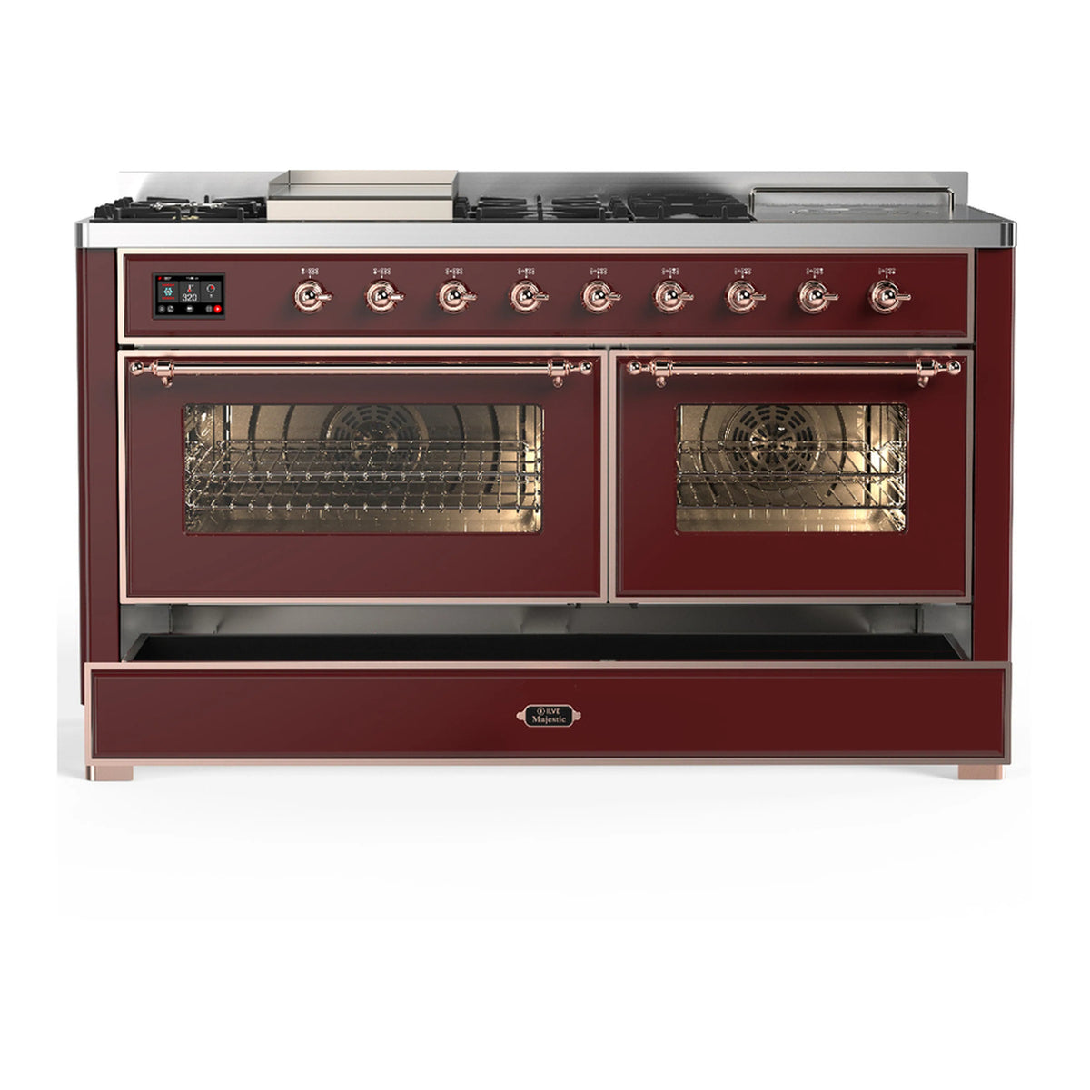Burgundy dual fuel range with copper trim, both ovens open and control panel visible