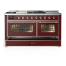ILVE Majestic III 60-inch Dual Fuel Range with 5 Liquid Propane Burner, Griddle, French Top and Triple Glass Door Electric Oven in Burgundy with Copper Trim (UM60FSNR3BUPLP)