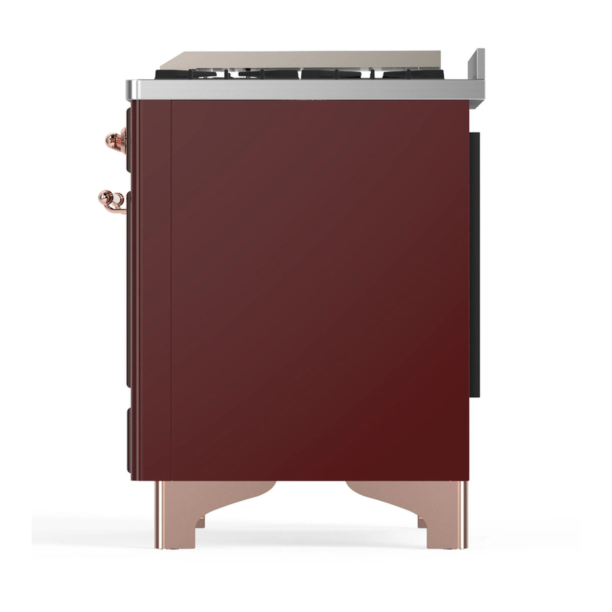Burgundy end view of dual fuel range with copper fittings and leveling legs