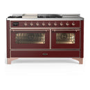 ILVE Majestic III 60-inch Dual Fuel Range with 7 Natural Gas Burner, Griddle, French Top and Triple Glass Door Electric Oven in Burgundy with Copper Trim (UM60FSNR3BUP)