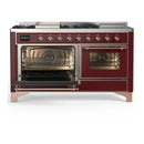 ILVE Majestic III 60-inch Dual Fuel Range with 7 Natural Gas Burner, Griddle, French Top and Triple Glass Door Electric Oven in Burgundy with Copper Trim (UM60FSNR3BUP)