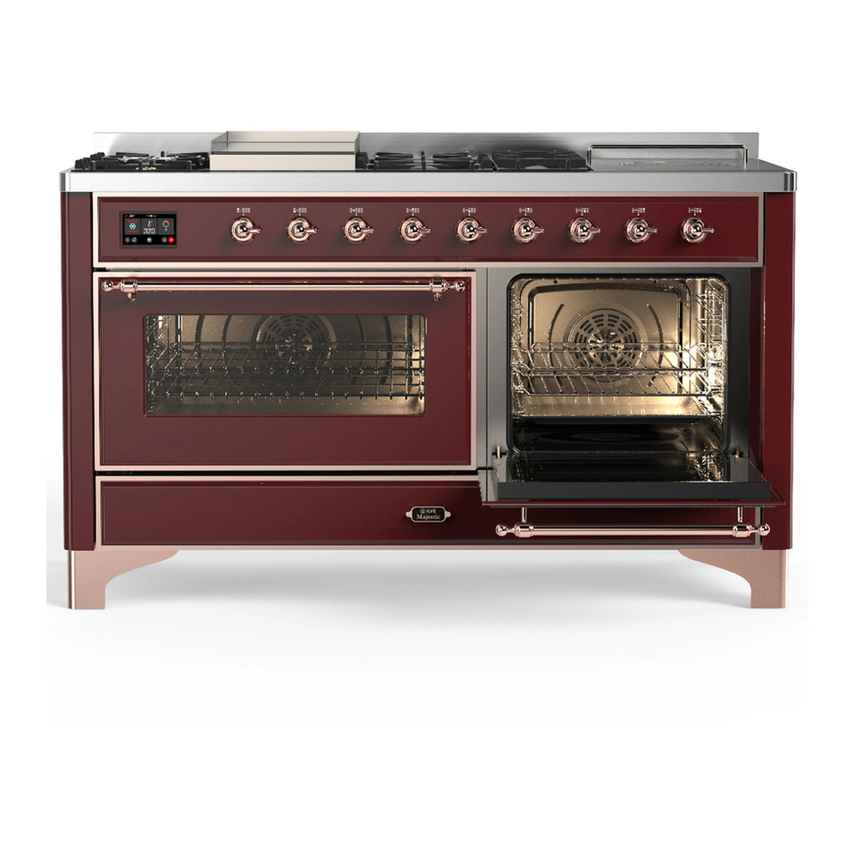 Burgundy dual fuel range with copper trim; two oven windows and closed doors