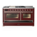ILVE Majestic III 60-inch Dual Fuel Range with 7 Natural Gas Burner, Griddle, French Top and Triple Glass Door Electric Oven in Burgundy with Copper Trim (UM60FSNR3BUP)