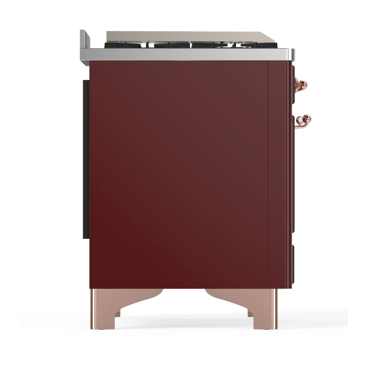 Burgundy dual fuel range side view with stainless top and copper-trim accents