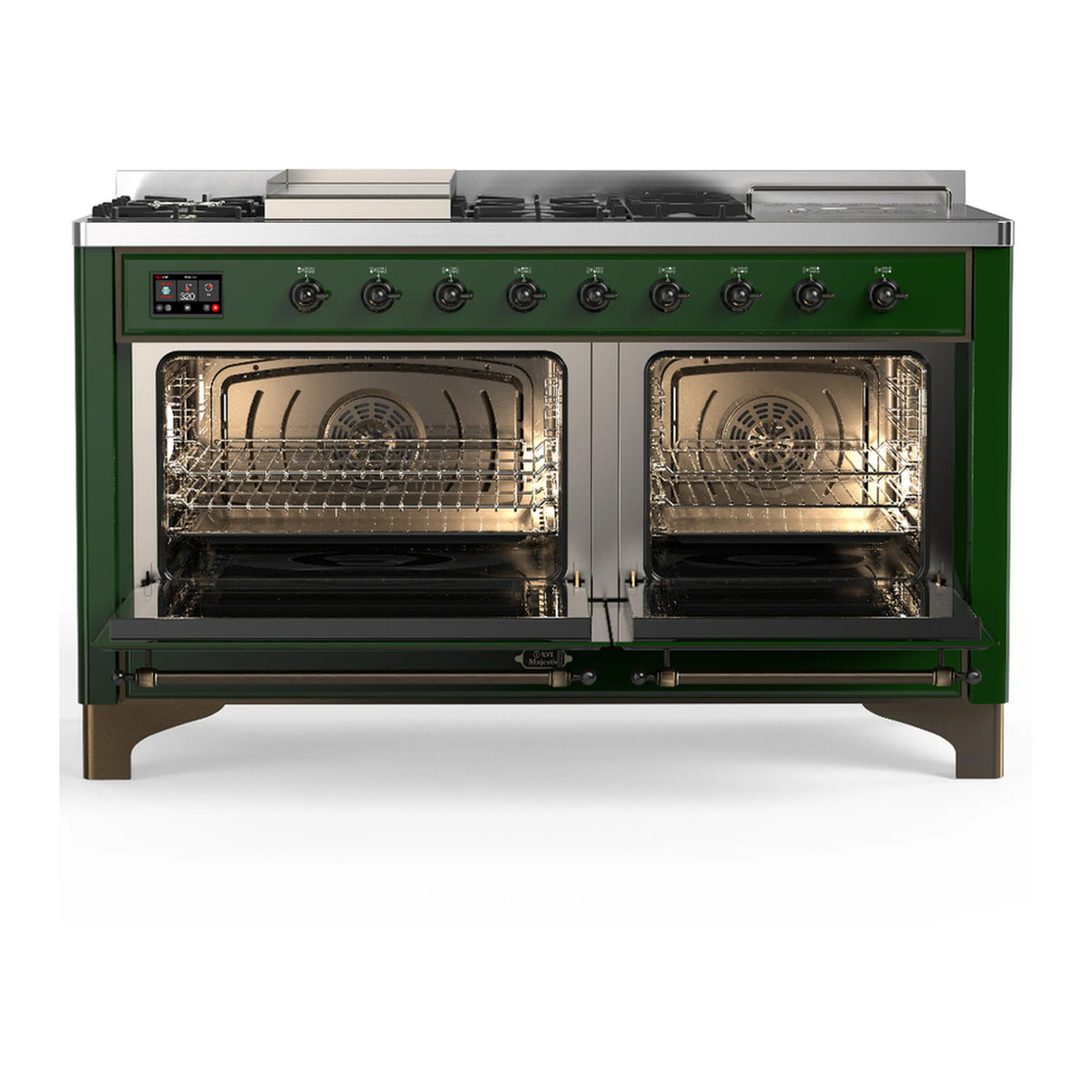 Emerald green dual fuel range with both oven doors open showing racks and oven interiors