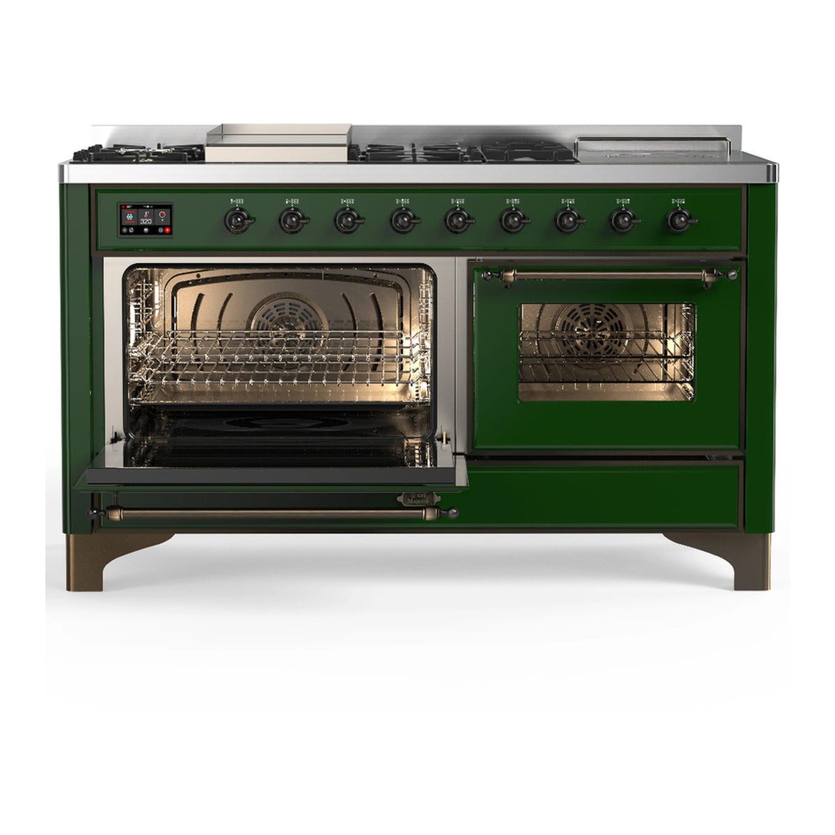 Emerald green dual fuel range with one oven door open and the other oven door open