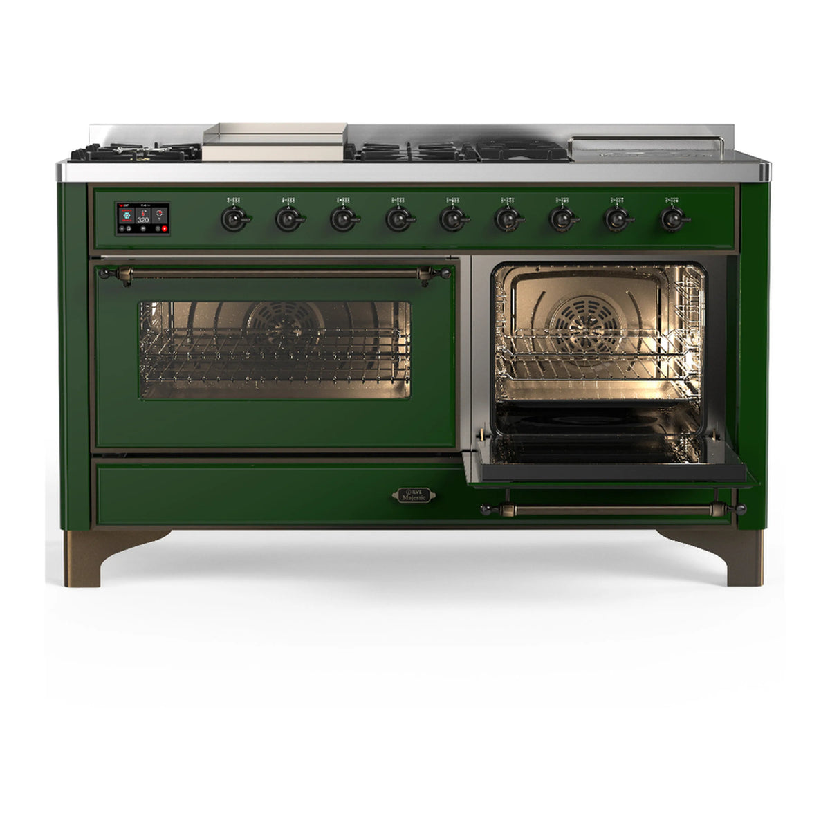 Emerald green dual fuel range with one oven door open and the other oven door closed
