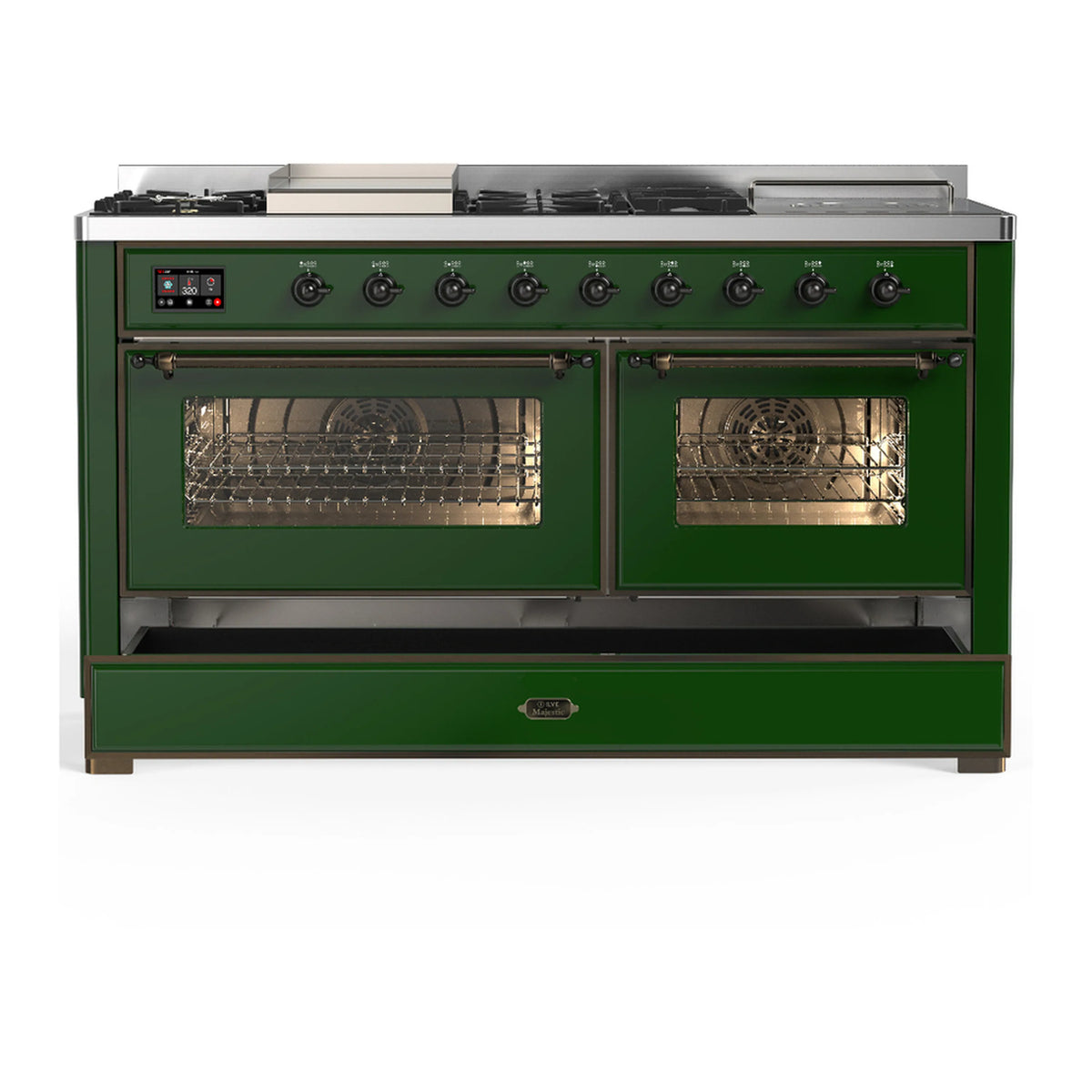 Emerald green dual fuel range front with two oven windows and stainless control panel