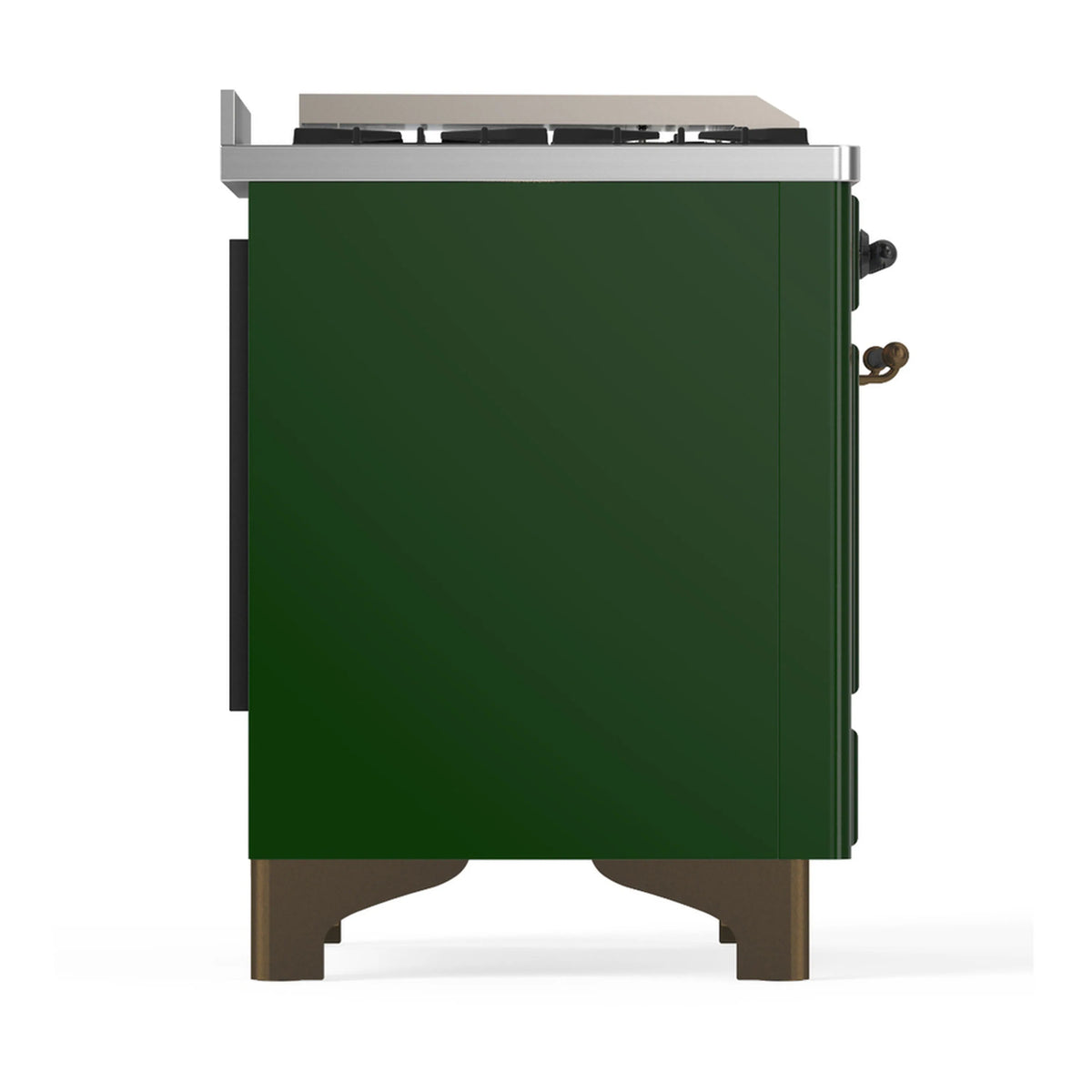 Emerald green dual fuel range side panel with stainless cooktop edge and handle