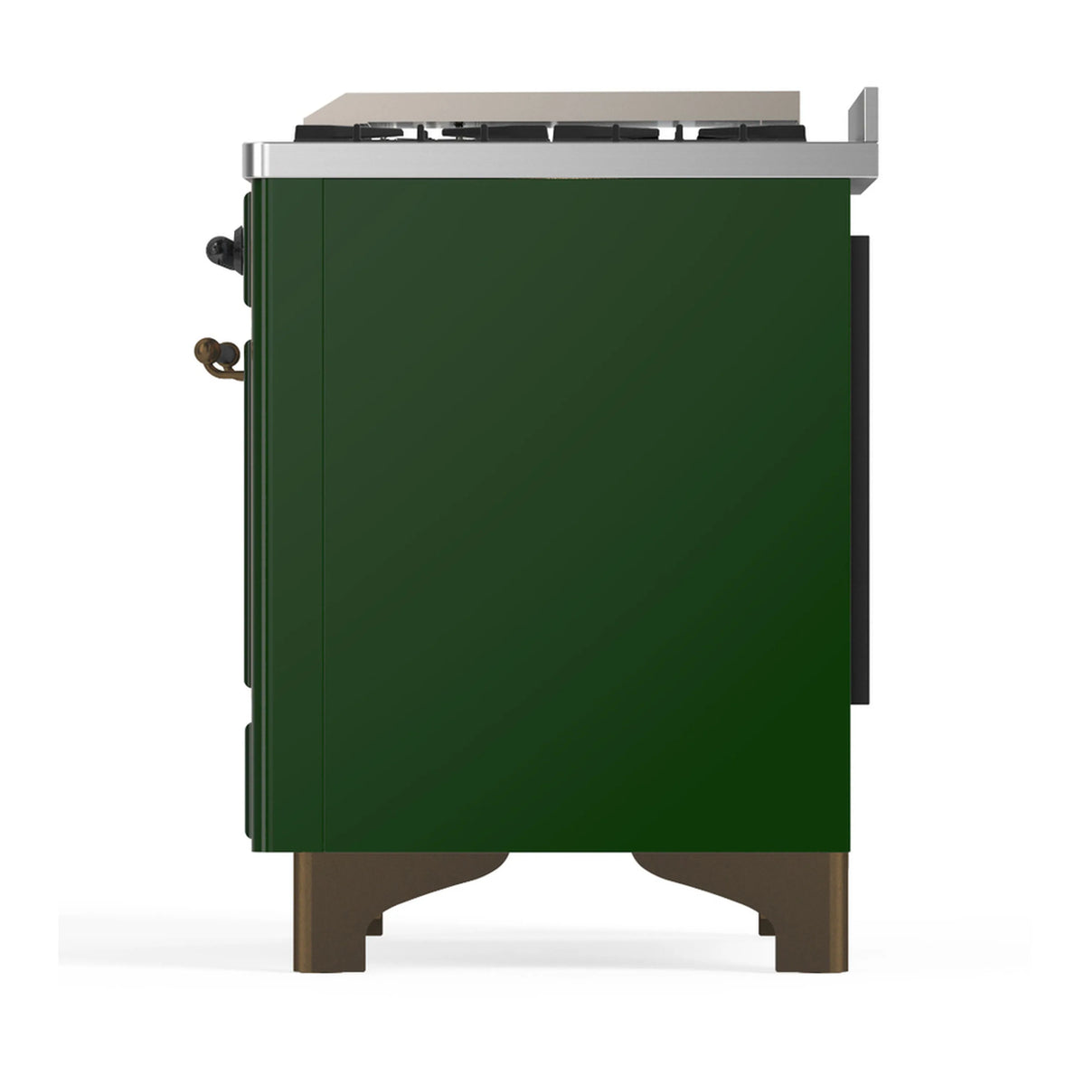 Emerald green dual fuel range rear side panel with stainless cooktop edge and legs
