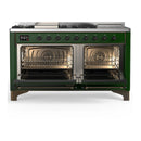 ILVE Majestic III 60-inch Dual Fuel Range with 7 Natural Gas Burner, Griddle, French Top and Triple Glass Door Electric Oven in Emerald Green with Burnished Trim (UM60FSNR3EGB)