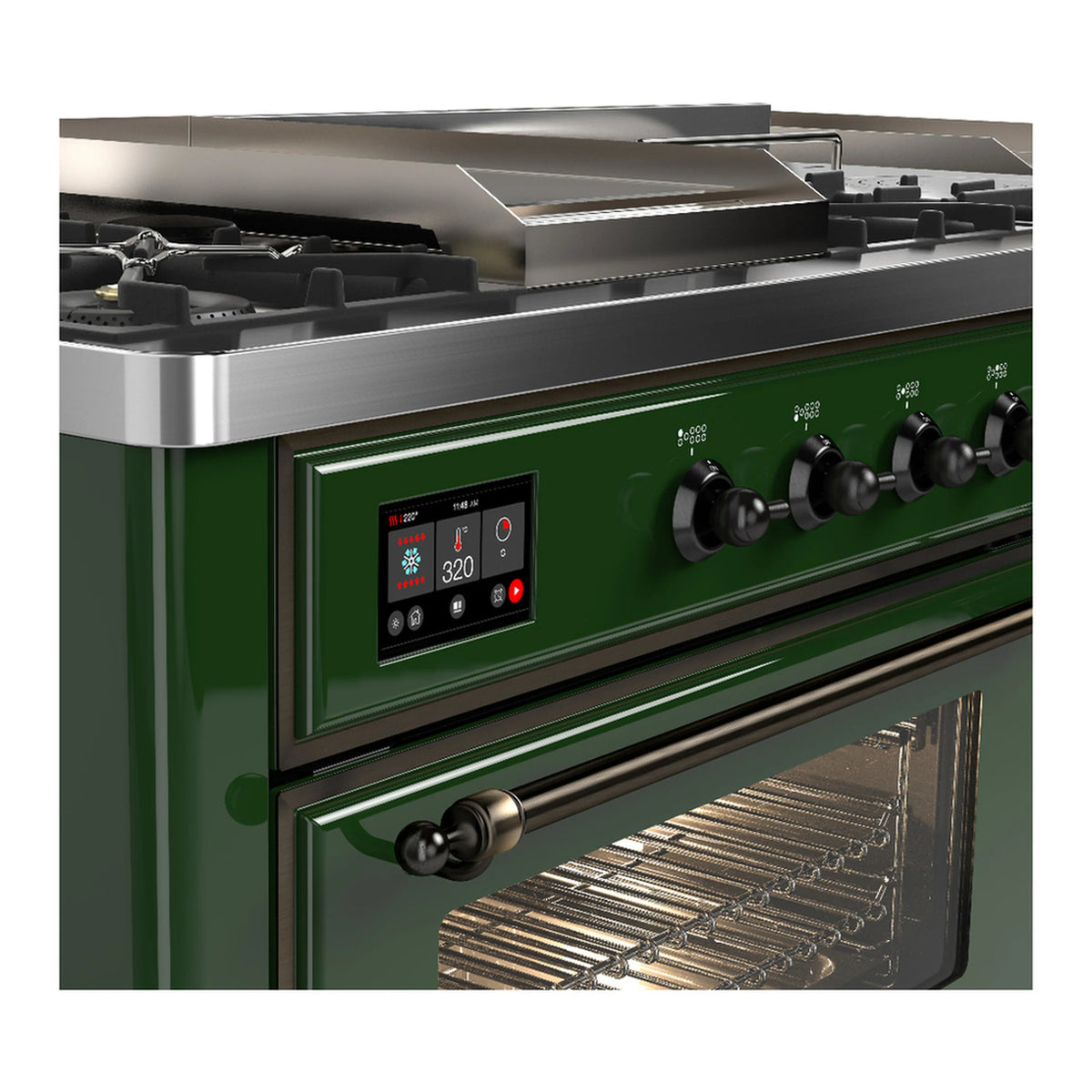 Emerald green dual fuel range control panel with digital display and oven handle