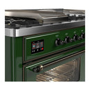 ILVE Majestic III 60-inch Dual Fuel Range with 7 Natural Gas Burner, Griddle, French Top and Triple Glass Door Electric Oven in Emerald Green with Burnished Trim (UM60FSNR3EGB)