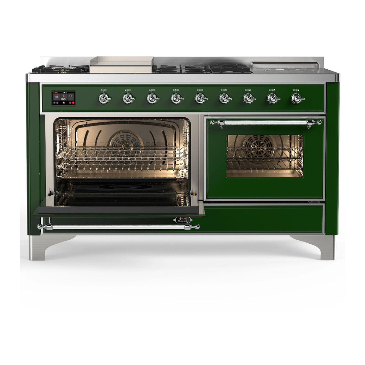 Emerald green dual fuel range with both oven doors open and chrome handles