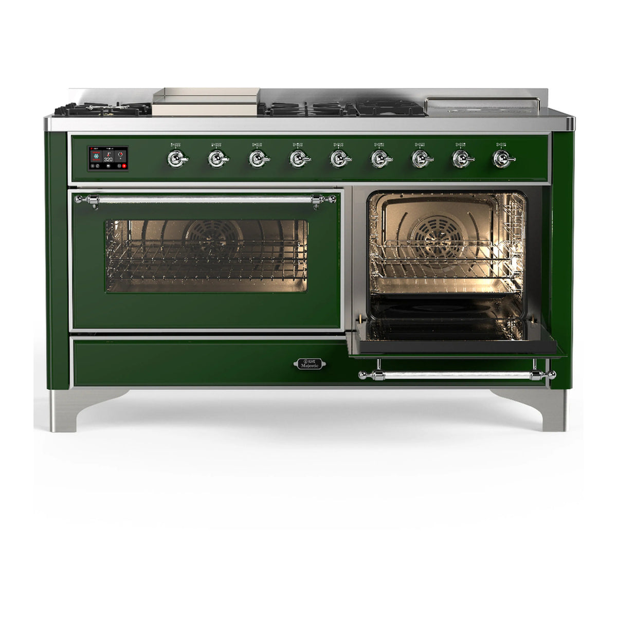 Emerald green dual fuel range with left oven door open and right oven door closed