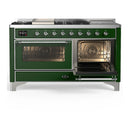 ILVE Majestic III 60-inch Dual Fuel Range with 5 Liquid Propane Burner, Griddle, French Top and Triple Glass Door Electric Oven in Emerald Green with Chrome Trim (UM60FSNR3EGCLP)
