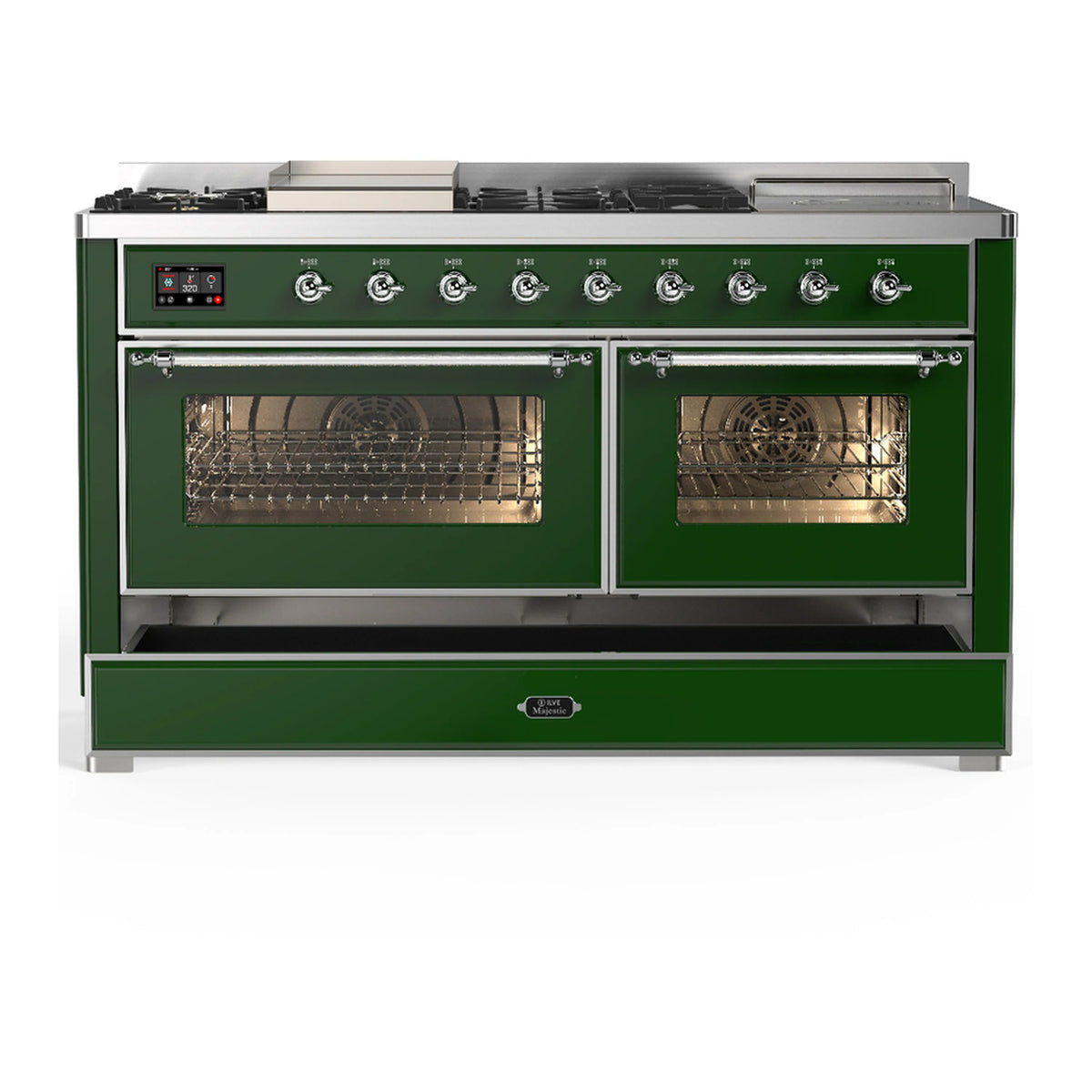 Emerald green dual fuel range with two oven doors and lower storage drawer