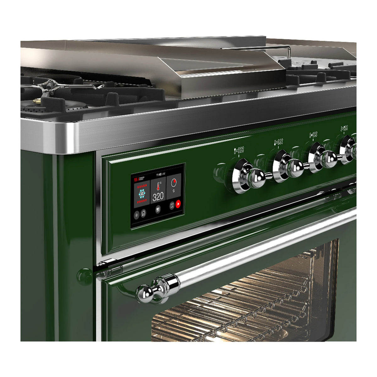 Emerald green dual fuel range side view with control panel knobs and oven window
