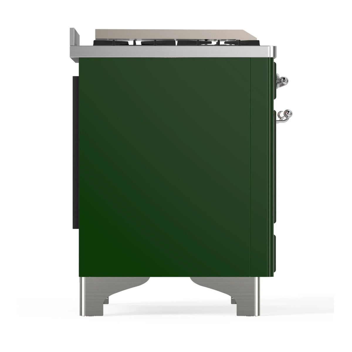 Emerald green side panel of dual fuel range with chrome supports and controls