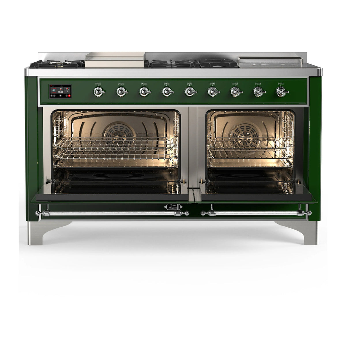 Emerald green dual fuel range with open oven doors, chrome racks and burner control knobs
