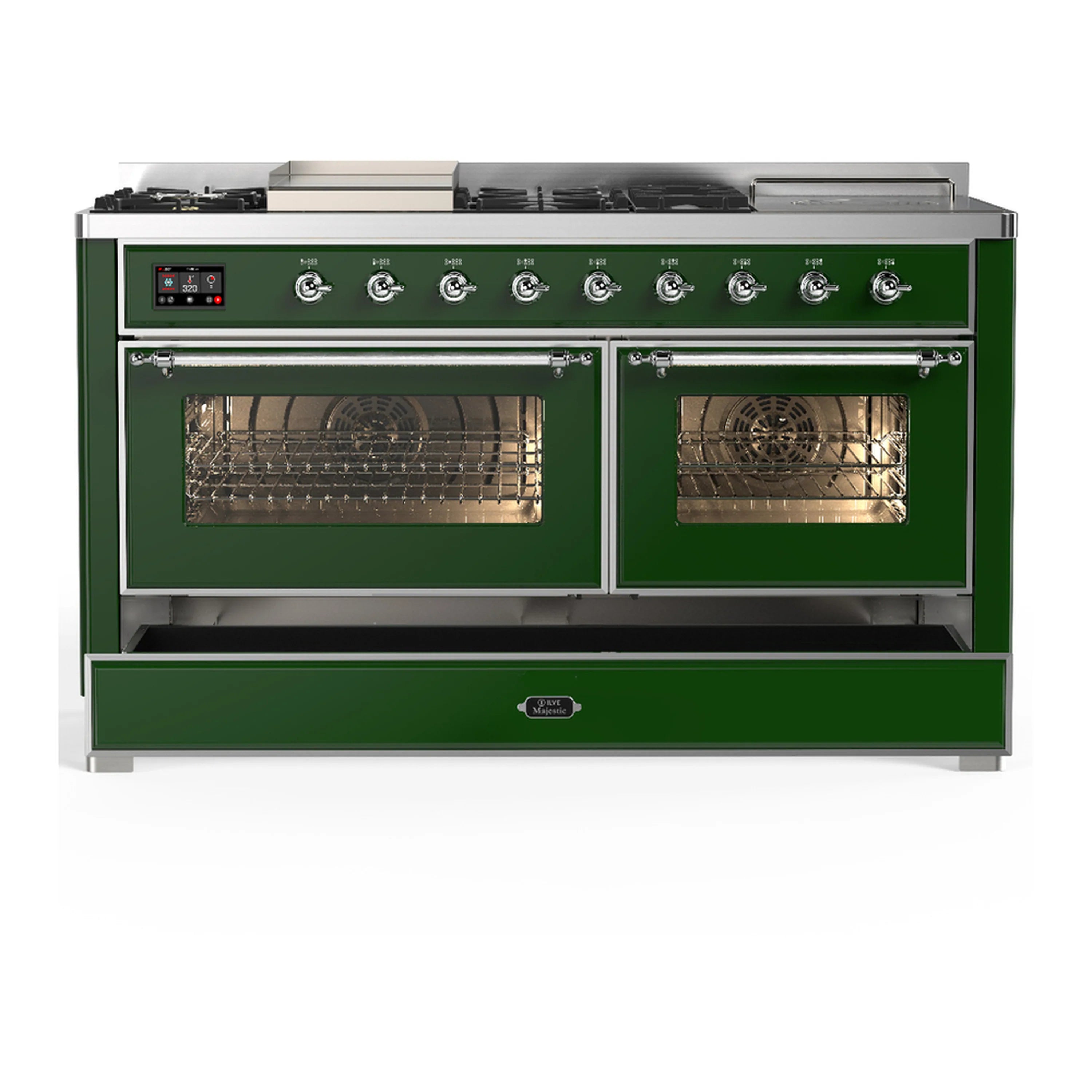 Emerald green dual fuel range with three oven doors in view and burner control knobs
