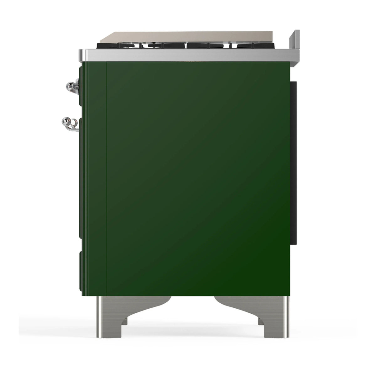Emerald green dual fuel range side panel view with chrome legs and side handles