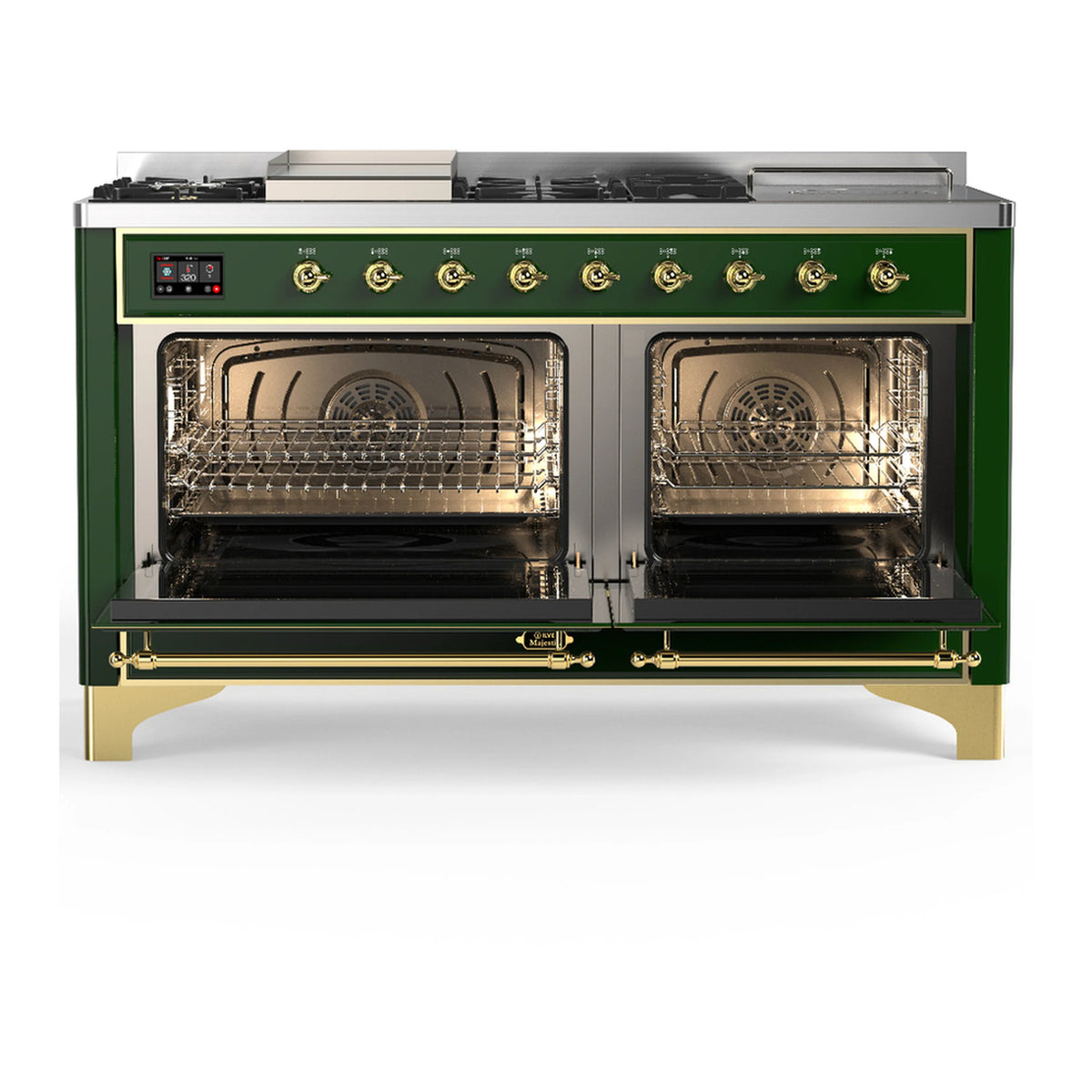 Emerald green dual fuel range with brass trim, both oven doors open to interior racks
