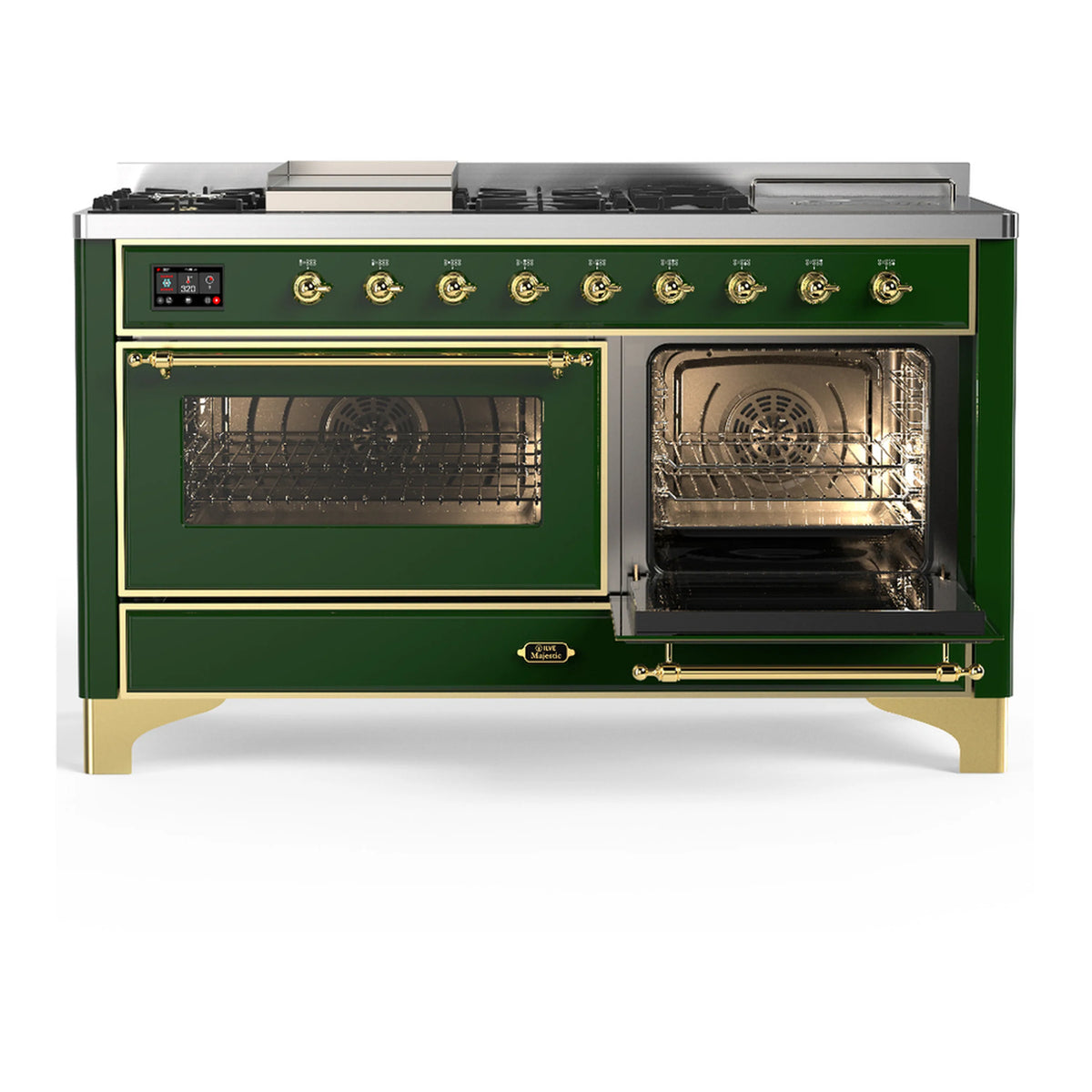 Emerald green dual fuel range with brass trim, oven doors with glass panels and front handle