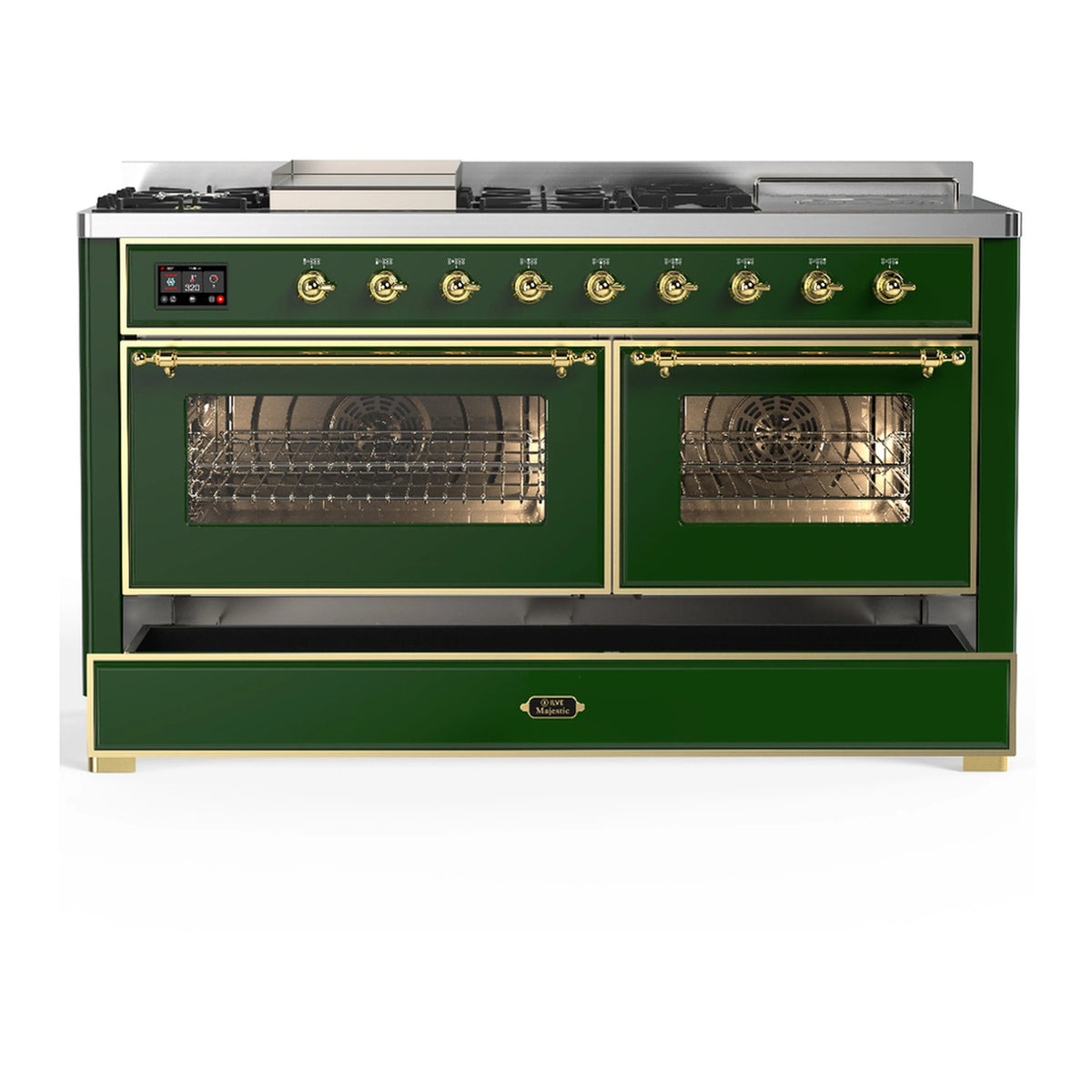 Emerald green dual fuel range with brass trim, two glass oven doors and a storage drawer