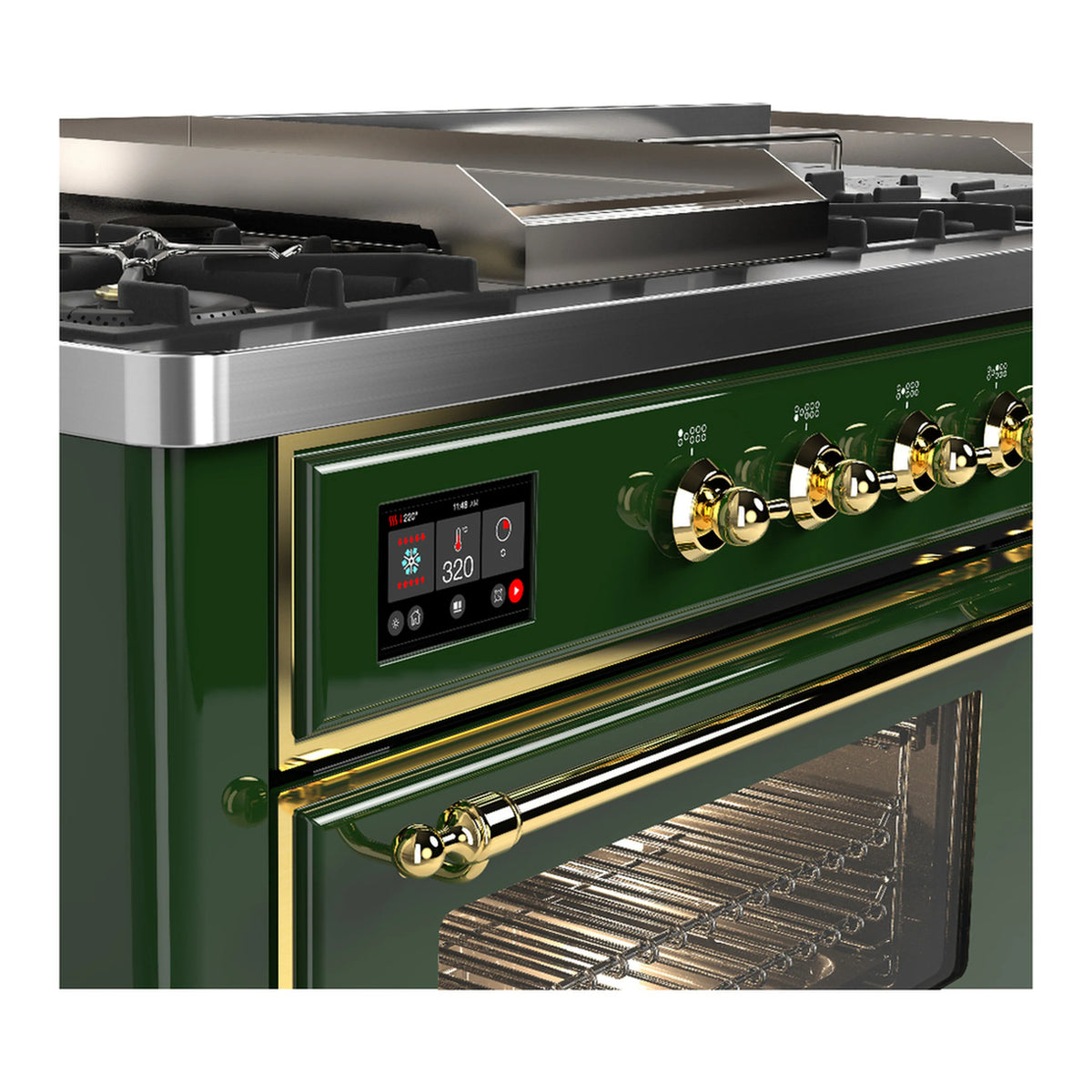 Emerald green dual fuel range with brass controls and open oven door view