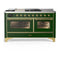 ILVE Majestic III 60-inch Dual Fuel Range with 5 Liquid Propane Burner, Griddle, French Top and Triple Glass Door Electric Oven in Emerald Green with Brass Trim (UM60FSNR3EGGLP)