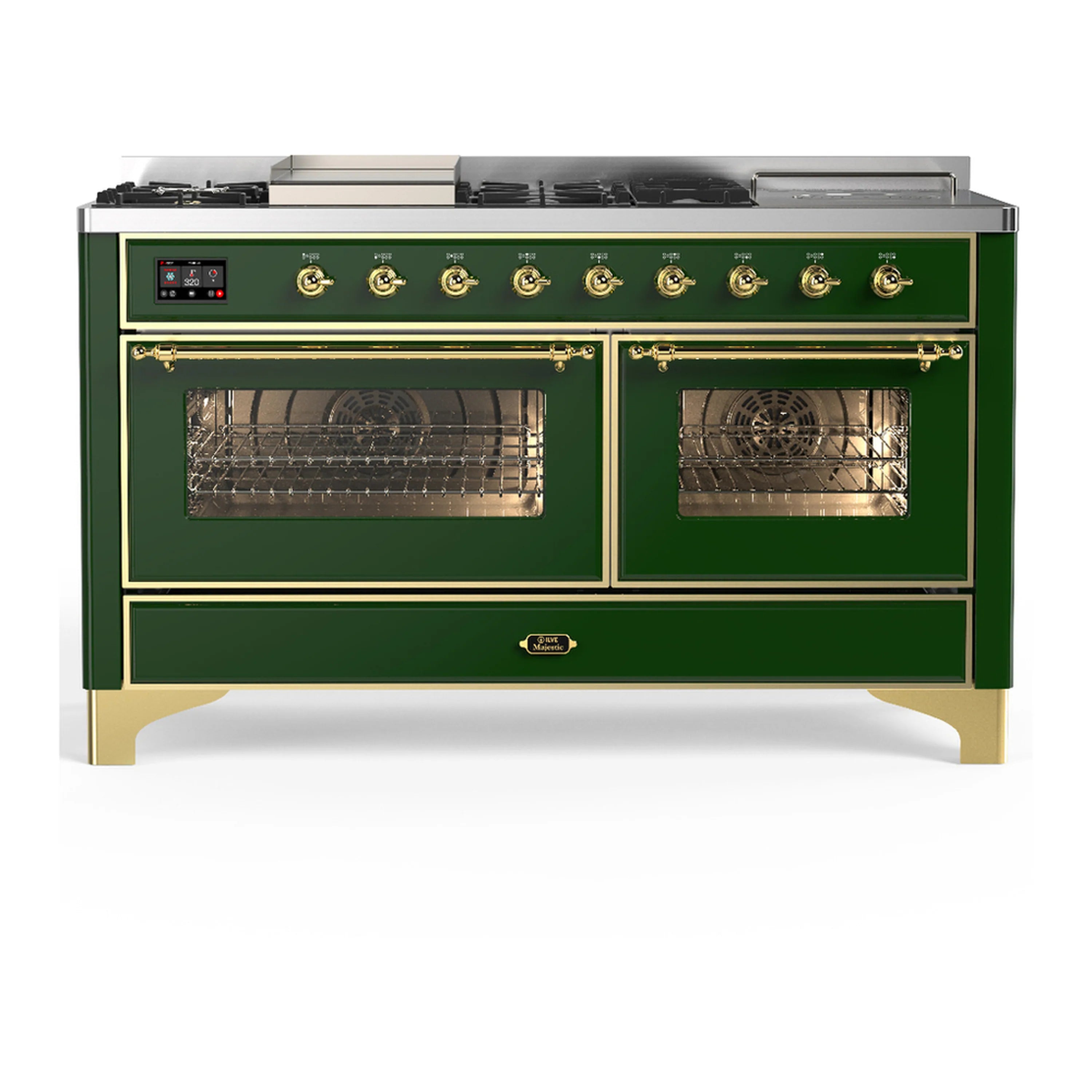 Emerald green dual fuel range with brass trim and two glass oven doors