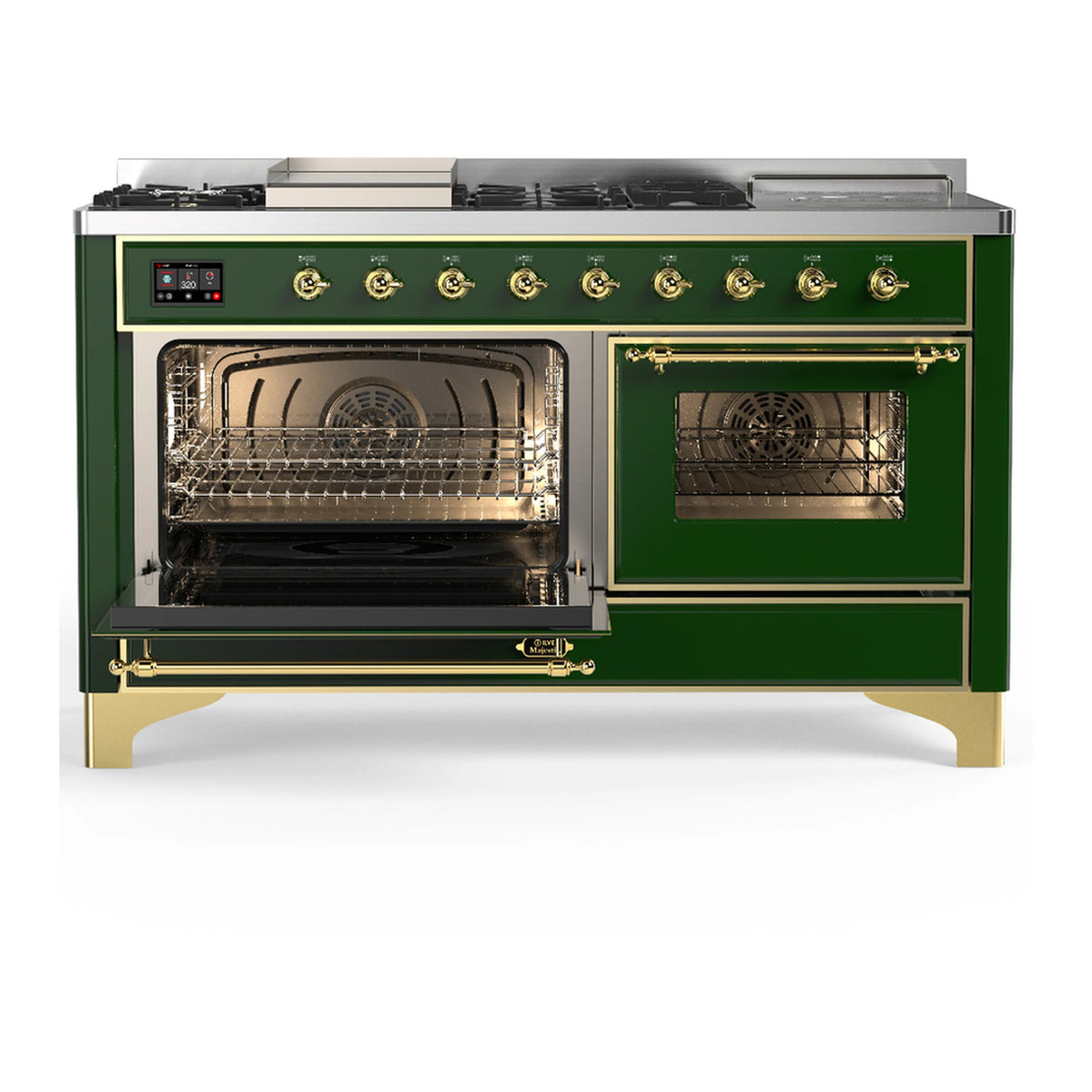 Emerald green dual fuel range with brass handle and dual oven windows