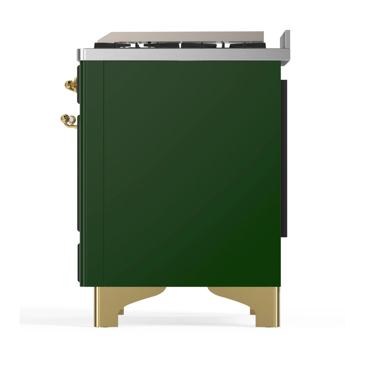 Emerald green dual fuel range back/side view with brass trim and rear panel