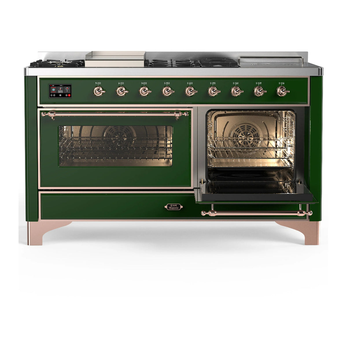 Emerald green dual fuel range with one oven door open and a second glass door closed