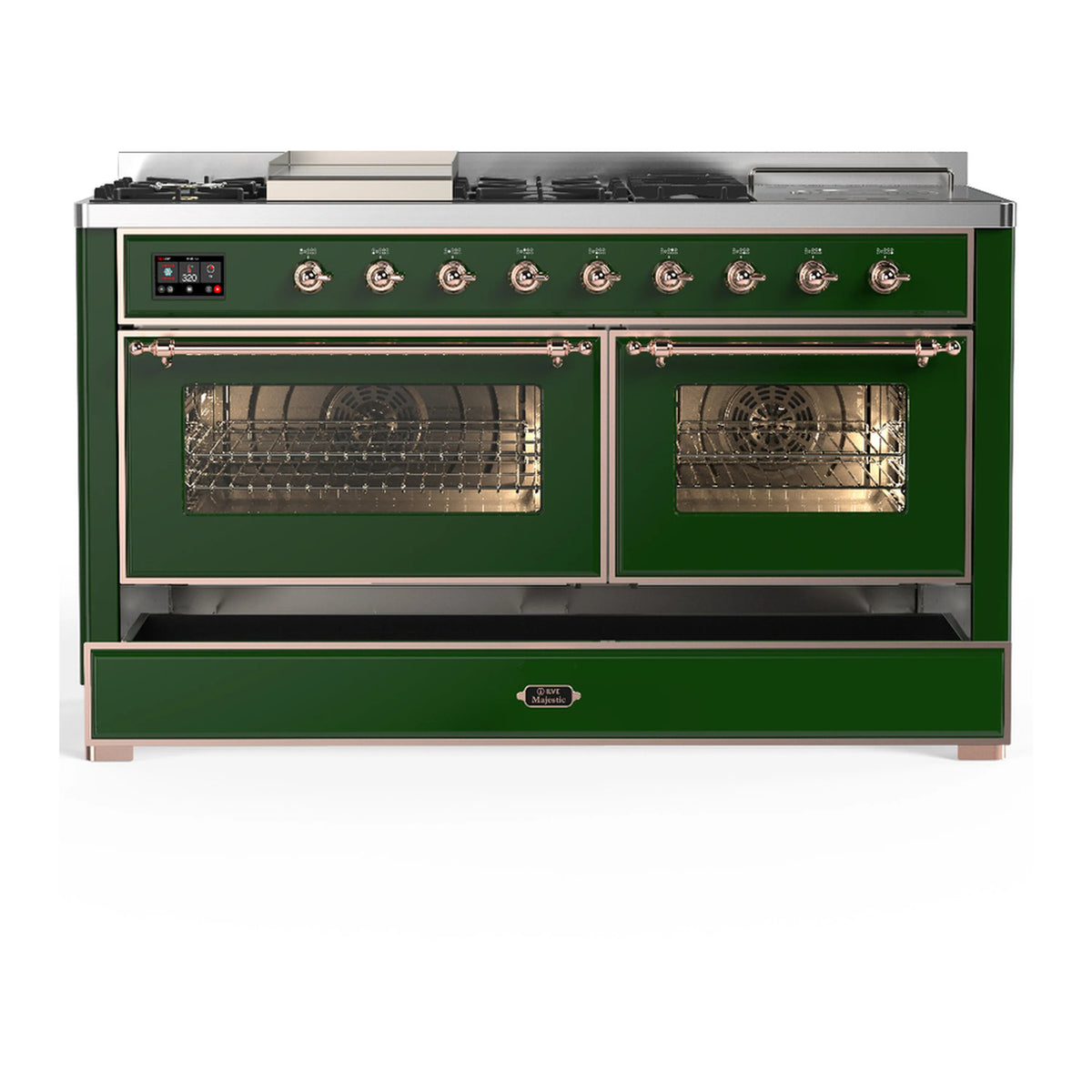 Dual fuel range with both oven doors open and a closed storage drawer below