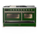 ILVE Majestic III 60-inch Dual Fuel Range with 5 Liquid Propane Burner, Griddle, French Top and Triple Glass Door Electric Oven in Emerald Green with Copper Trim (UM60FSNR3EGPLP)