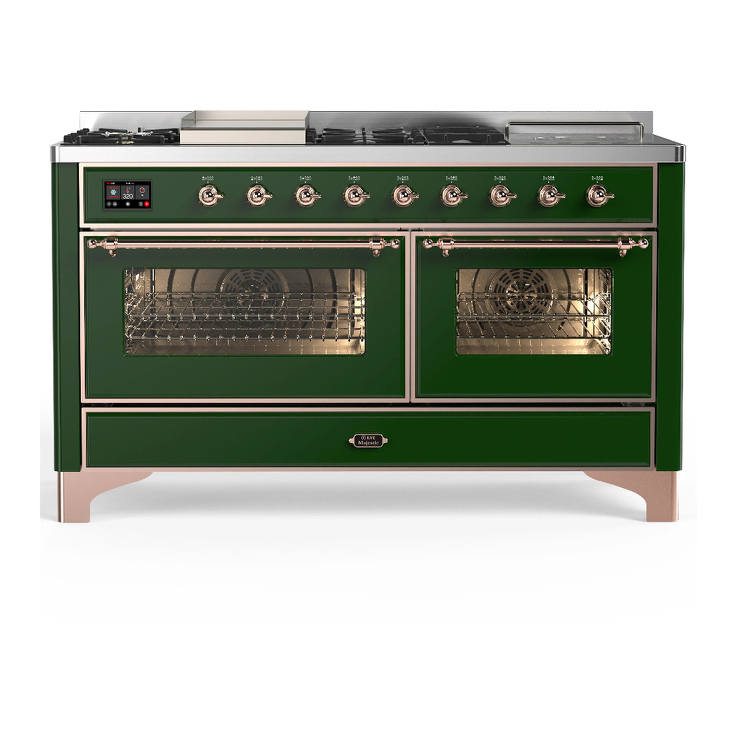 Emerald green dual fuel range with copper trim, two glass oven doors, control panel