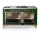 ILVE Majestic III 60-inch Dual Fuel Range with 7 Natural Gas Burner, Griddle, French Top and Triple Glass Door Electric Oven in Emerald Green with Copper Trim (UM60FSNR3EGP)