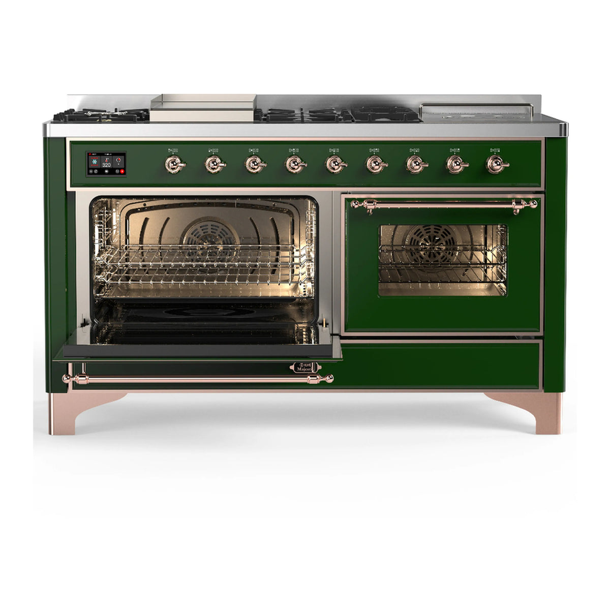 Emerald green dual fuel range with copper trim, one oven door open, interior racks